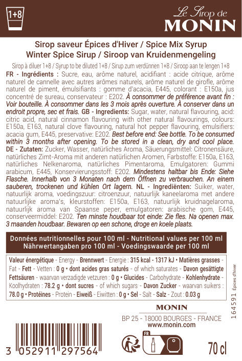 Le Sirop de MONIN Saveur Epices d'Hiver