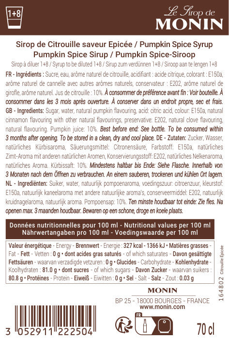 Le Sirop de MONIN Citrouille Saveur Epicée