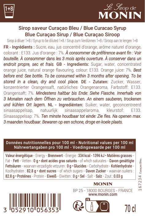 Le Sirop de MONIN Saveur Curaçao Bleu