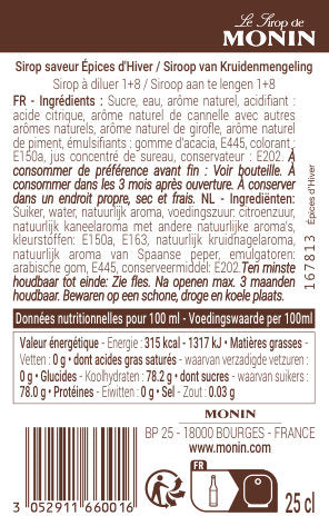 Le Sirop de MONIN Saveur Epices d'Hiver