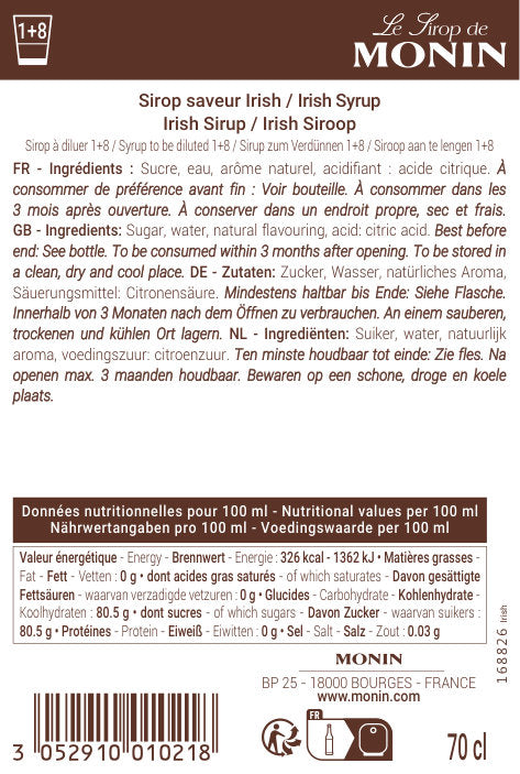 Le Sirop de MONIN Saveur Irish
