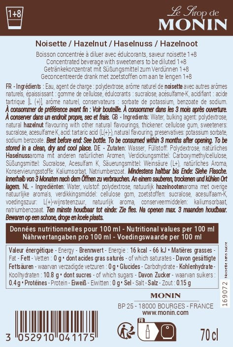 Le Sirop de MONIN Noisette sans Sucre