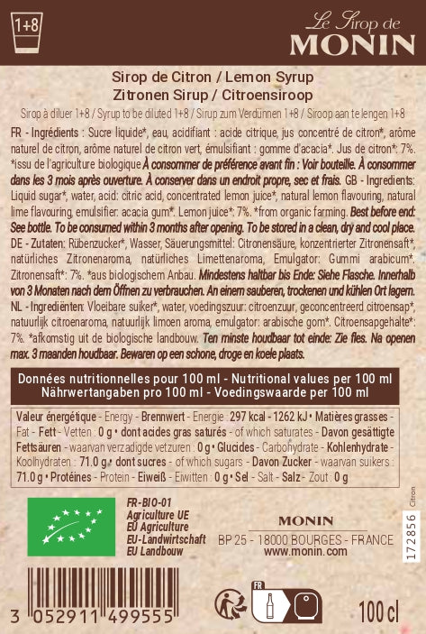 Le Sirop de MONIN Citron Bio